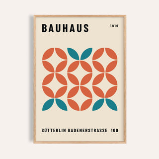 Framed print of Bauhaus modern geometric wall art with teal and rust shapes in a minimalist style