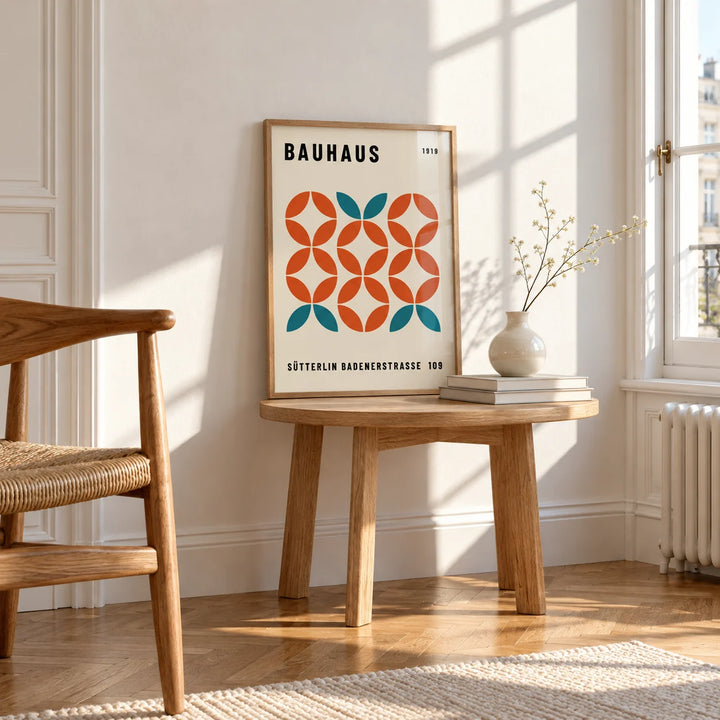 Modern Geometric Wall Art, a small A4 framed print leaning on a small solid oak side table
