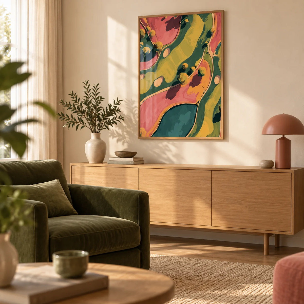 Modern Golf Aerial Poster, framed on the wall of a calm living room with a warm cream wall