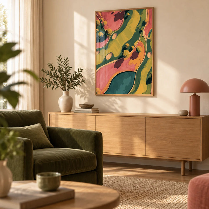 Modern Golf Aerial Poster, framed on the wall of a calm living room with a warm cream wall