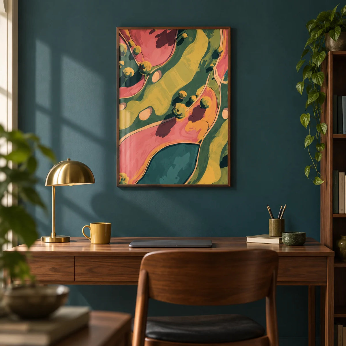 Modern Golf Aerial Poster, framed on the wall of a calm study with a deep teal painted wall