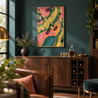 Modern Golf Aerial Poster, framed on the wall of a clubhouse-style home bar with a deep teal wall
