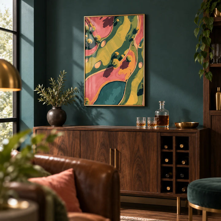 Modern Golf Aerial Poster, framed on the wall of a clubhouse-style home bar with a deep teal wall
