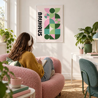 Modern Graphic Print, framed on the wall of a bright home office with a white wall
