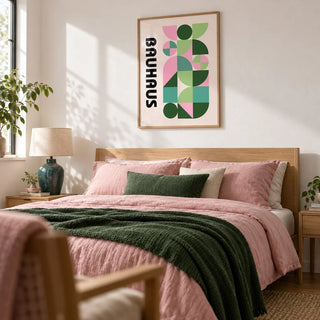 Modern Graphic Print, framed on the wall of a calm bedroom with a white wall