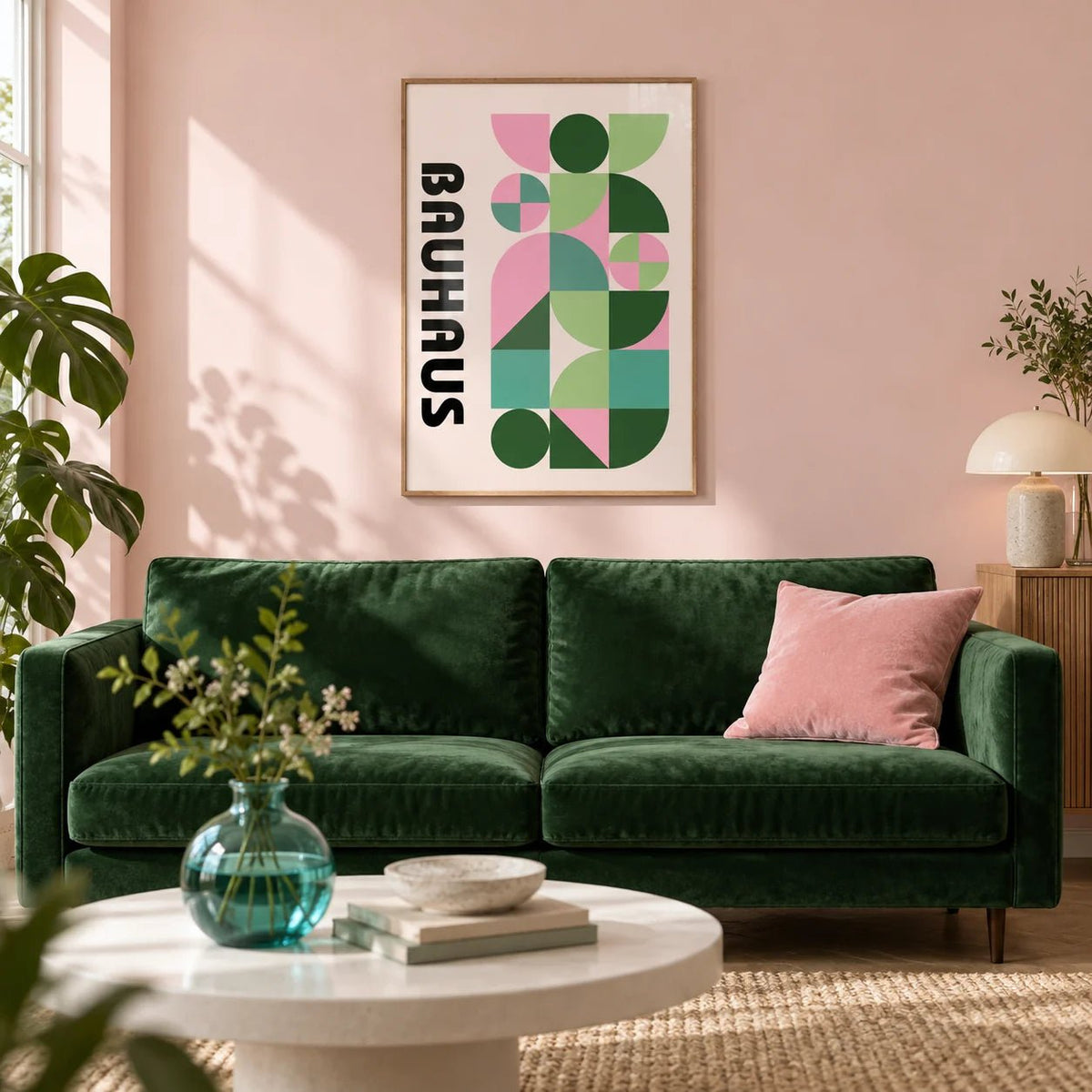 Modern Graphic Print, framed on the wall of a design-led living room with a pale pink wall and a pale oak floor