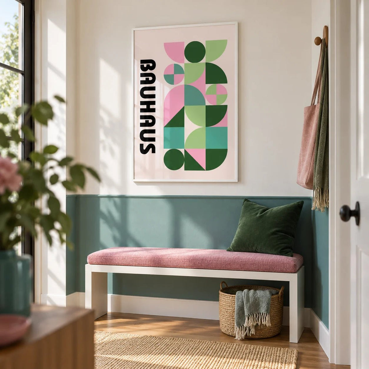 Modern Graphic Print, framed on the wall of a modern hallway with a teal painted lower wall and a white upper wall