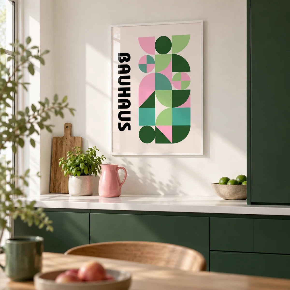 Modern Graphic Print, framed on the wall of a modern kitchen with plain forest green cabinets and a white wall