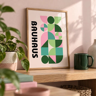 Modern Graphic Print, a small A4 framed print leaning on an oak shelf in a living room