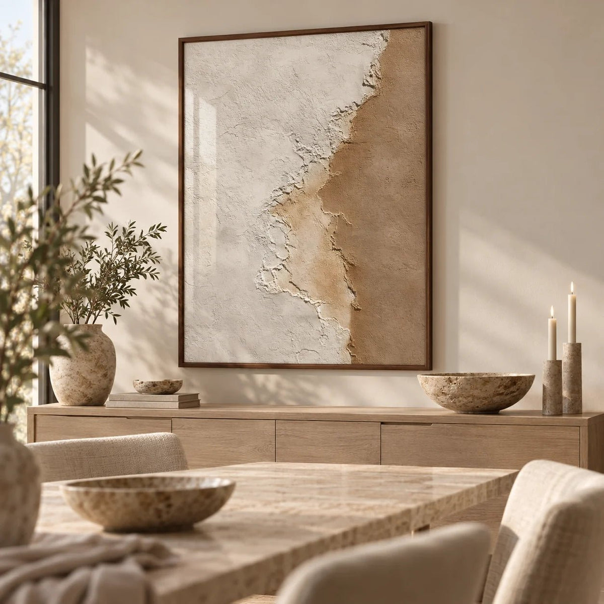 Modern Home Decor, framed on the wall of a calm dining room