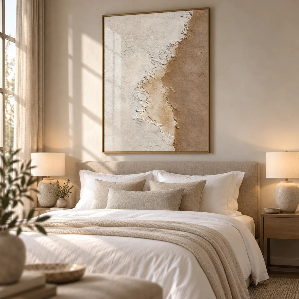 Modern Home Decor, framed on the wall of a luxurious neutral hotel-style bedroom
