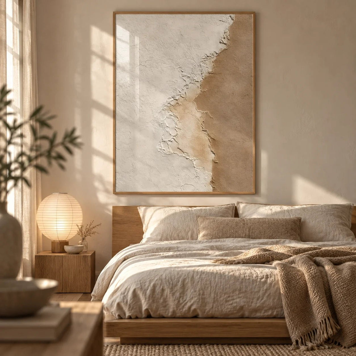 Modern Home Decor, framed on the wall of a serene Japandi bedroom