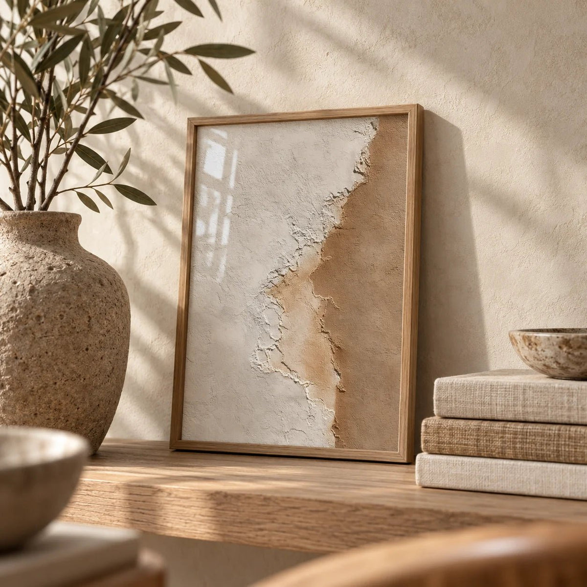 Modern Home Decor, a small A4 framed print leaning on an oak shelf in a living room