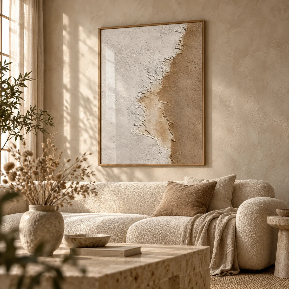 Modern Home Decor, framed on the wall of a wabi-sabi living room