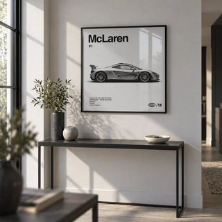 Modern Hybrid Hypercar Poster, framed on the wall of a crisp modern hallway with a pale grey wall