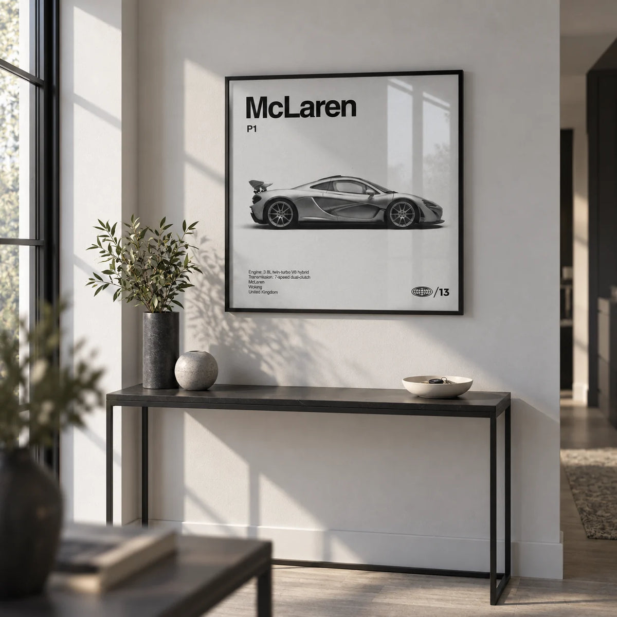 Modern Hybrid Hypercar Poster, framed on the wall of a crisp modern hallway with a pale grey wall