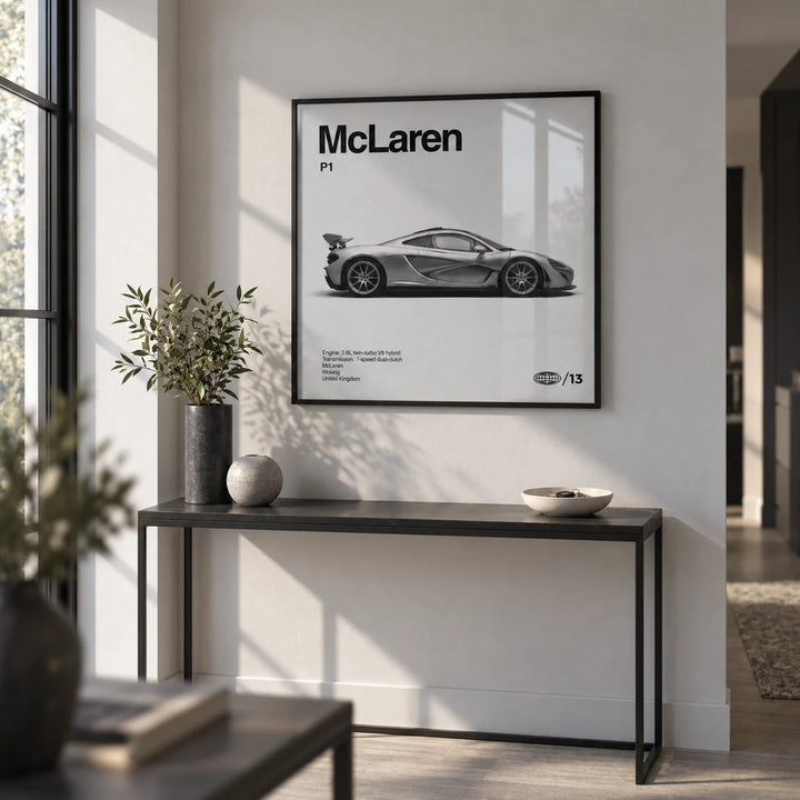 Modern Hybrid Hypercar Poster, framed on the wall of a crisp modern hallway with a pale grey wall