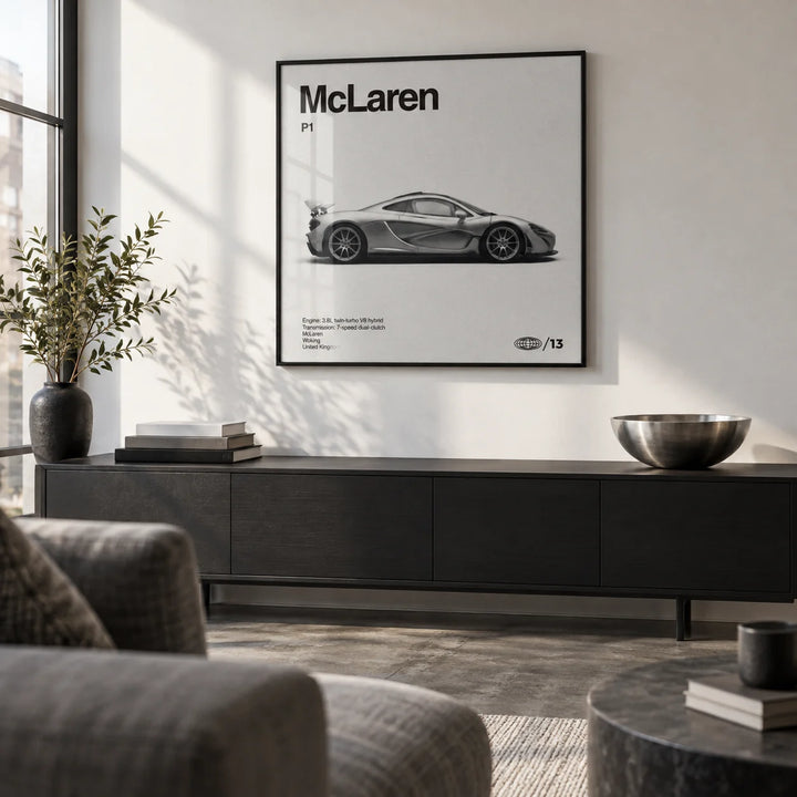 Modern Hybrid Hypercar Poster, framed on the wall of a design-led city flat living room with a white wall and a concrete floor