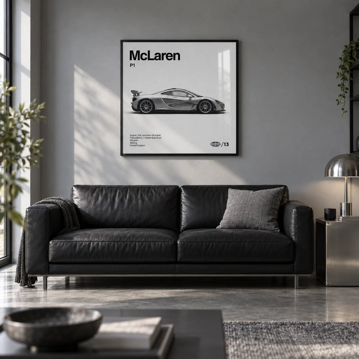 Modern Hybrid Hypercar Poster, framed on the wall of a modern converted garage den with a grey painted wall and a polished concrete floor in a living room