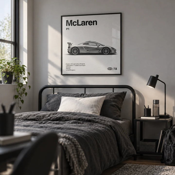 Modern Hybrid Hypercar Poster, framed on the wall of a monochrome teen bedroom (13-17) with a light grey wall