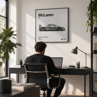 Modern Hybrid Hypercar Poster, framed on the wall of a sleek home office with a white wall