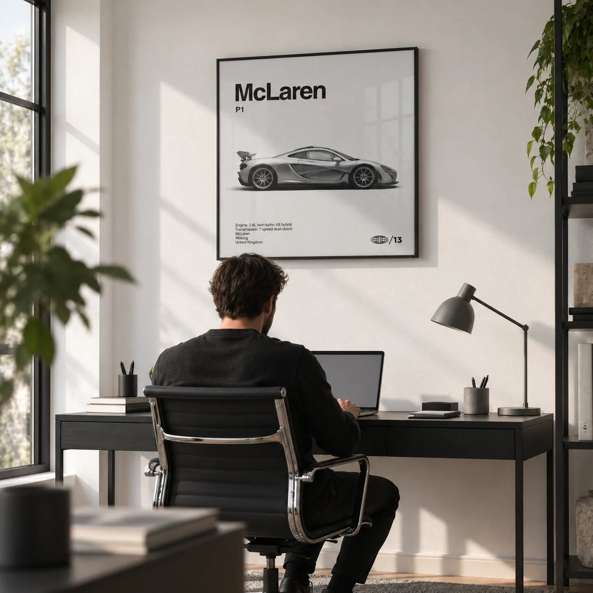 Modern Hybrid Hypercar Poster, framed on the wall of a sleek home office with a white wall