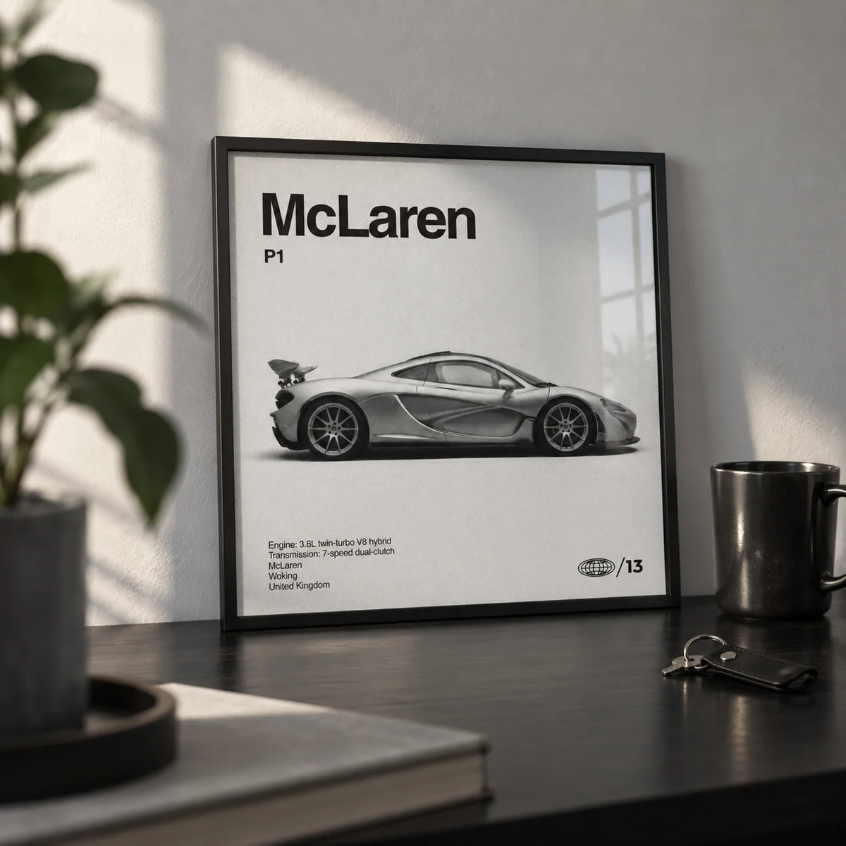 Modern Hybrid Hypercar Poster, a small A4 framed print leaning on a black desk