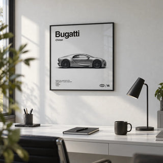 Modern Hypercar Poster, framed on the wall of a minimal home office with a white wall
