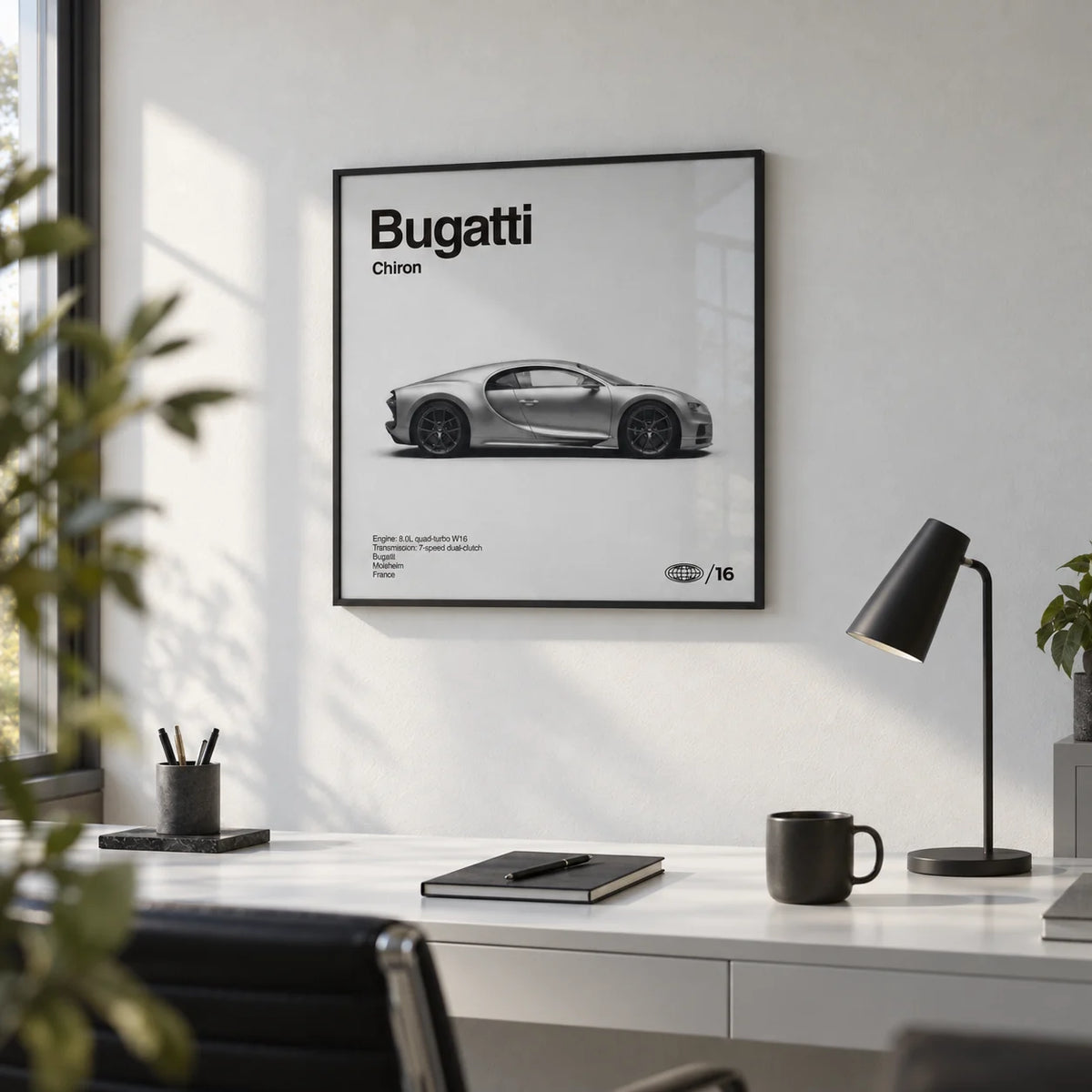 Modern Hypercar Poster, framed on the wall of a minimal home office with a white wall