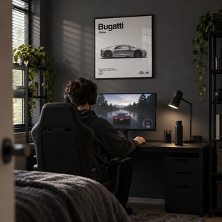 Modern Hypercar Poster, framed on the wall of a modern gaming and study room for a young adult (18-25) with a dark grey wall