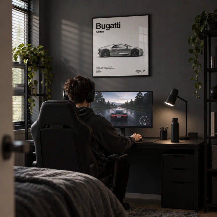 Modern Hypercar Poster, framed on the wall of a modern gaming and study room for a young adult (18-25) with a dark grey wall
