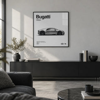 Modern Hypercar Poster, framed on the wall of a sleek city flat living room with a pale grey wall and a polished concrete floor