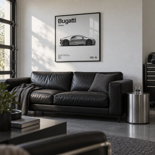 Modern Hypercar Poster, framed on the wall of a sleek converted garage den with a white wall and a grey epoxy floor in a living room