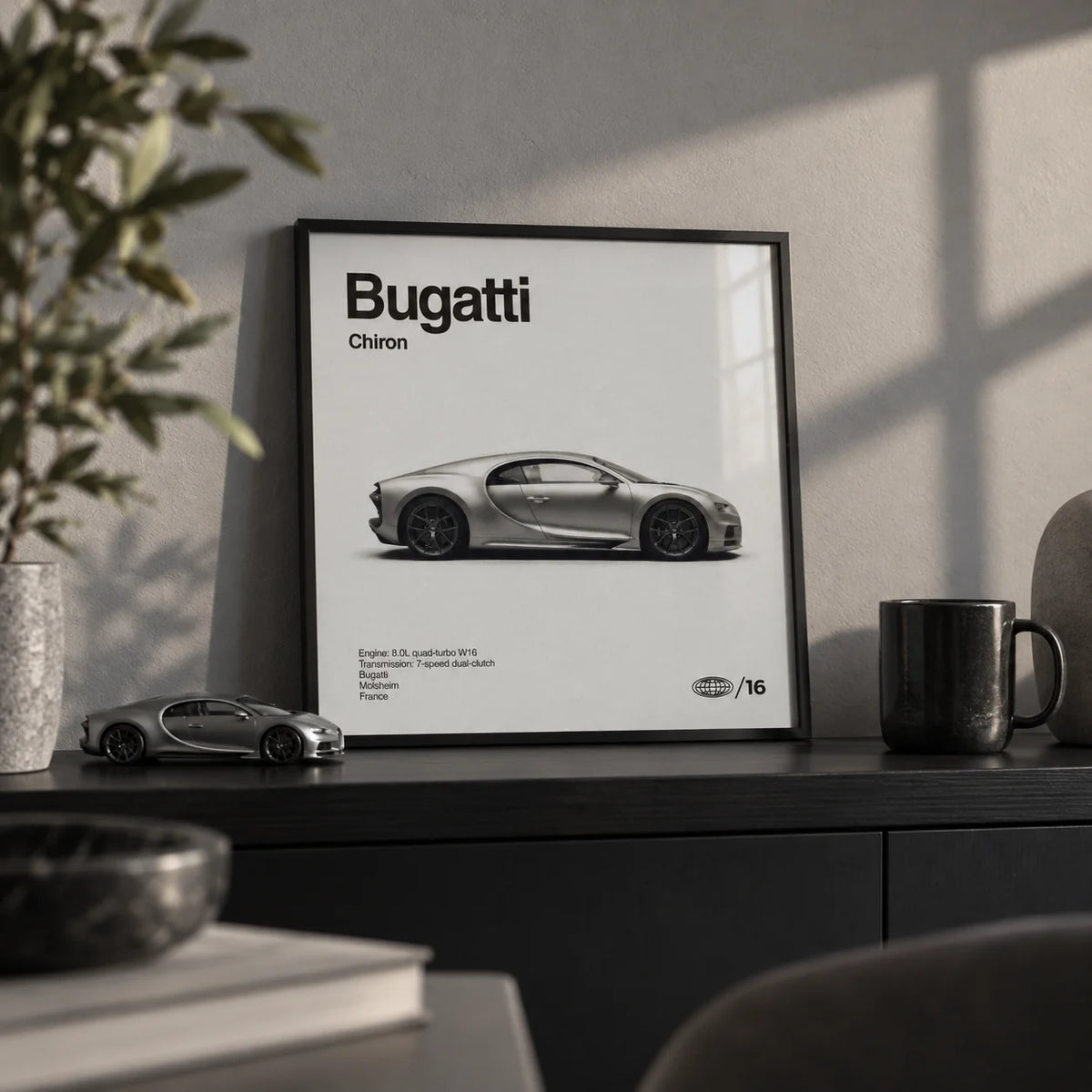 Modern Hypercar Poster, a small A4 framed print leaning on a black shelf in a living room