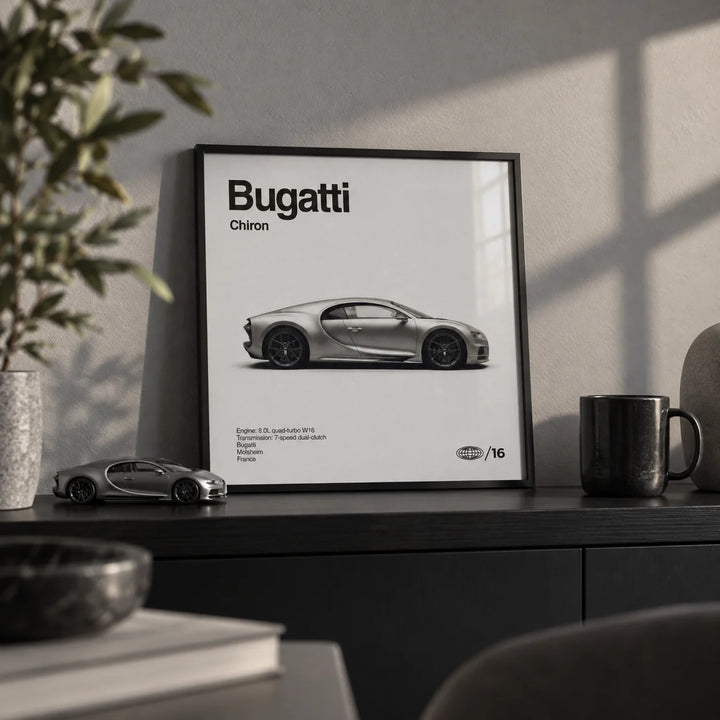 Modern Hypercar Poster, a small A4 framed print leaning on a black shelf in a living room