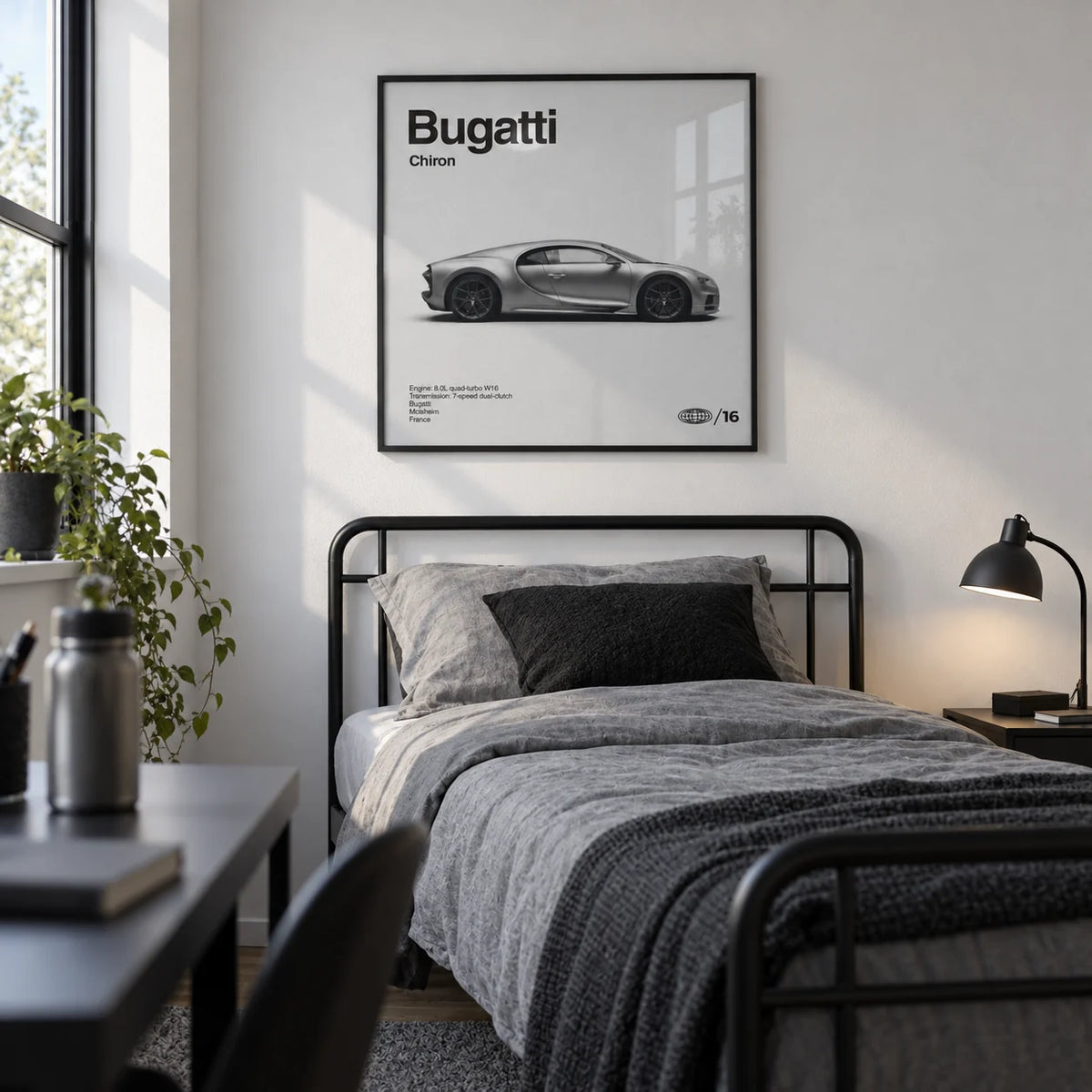 Modern Hypercar Poster, framed on the wall of a smart single bedroom for a teen boy (13-17) with a white wall
