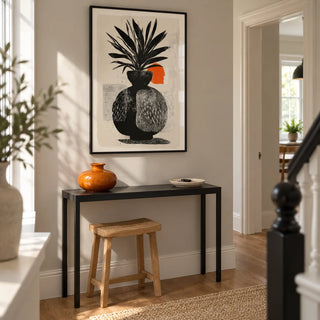 Modern Indian Sun Plant Wall Art, framed on the wall of a bright hallway in a renovated UK terrace with a pale warm grey wall and oak floor