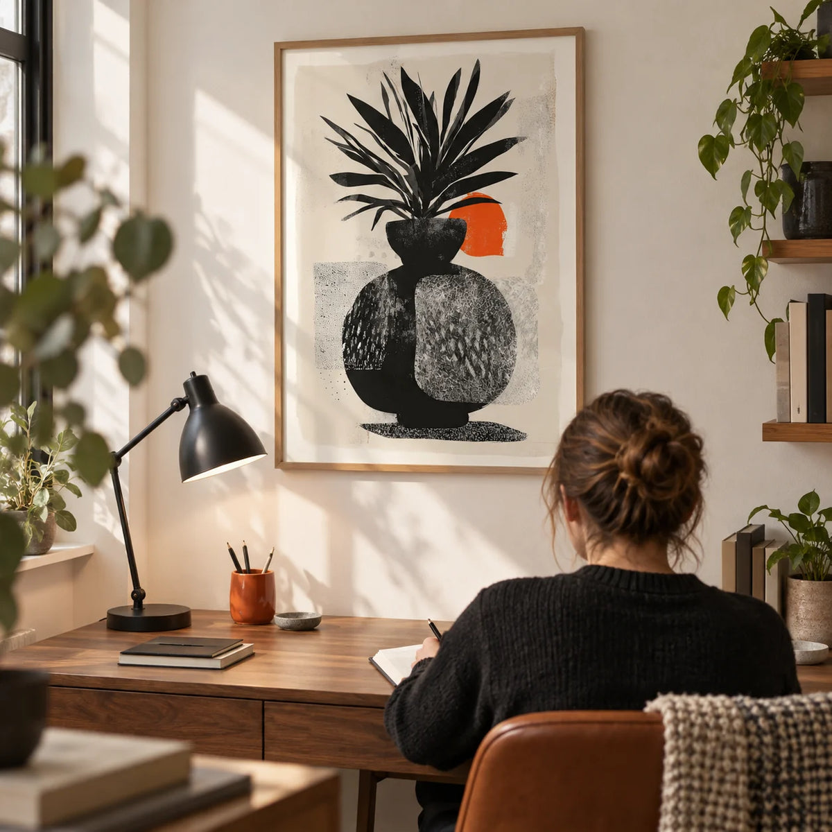 Modern Indian Sun Plant Wall Art, framed on the wall of a compact home study in a modern UK flat with a warm white wall