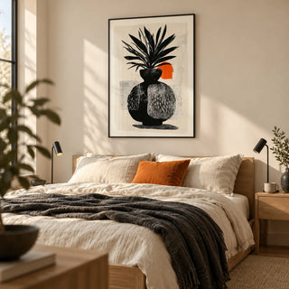 Modern Indian Sun Plant Wall Art, framed on the wall of a contemporary bedroom with a warm cream wall
