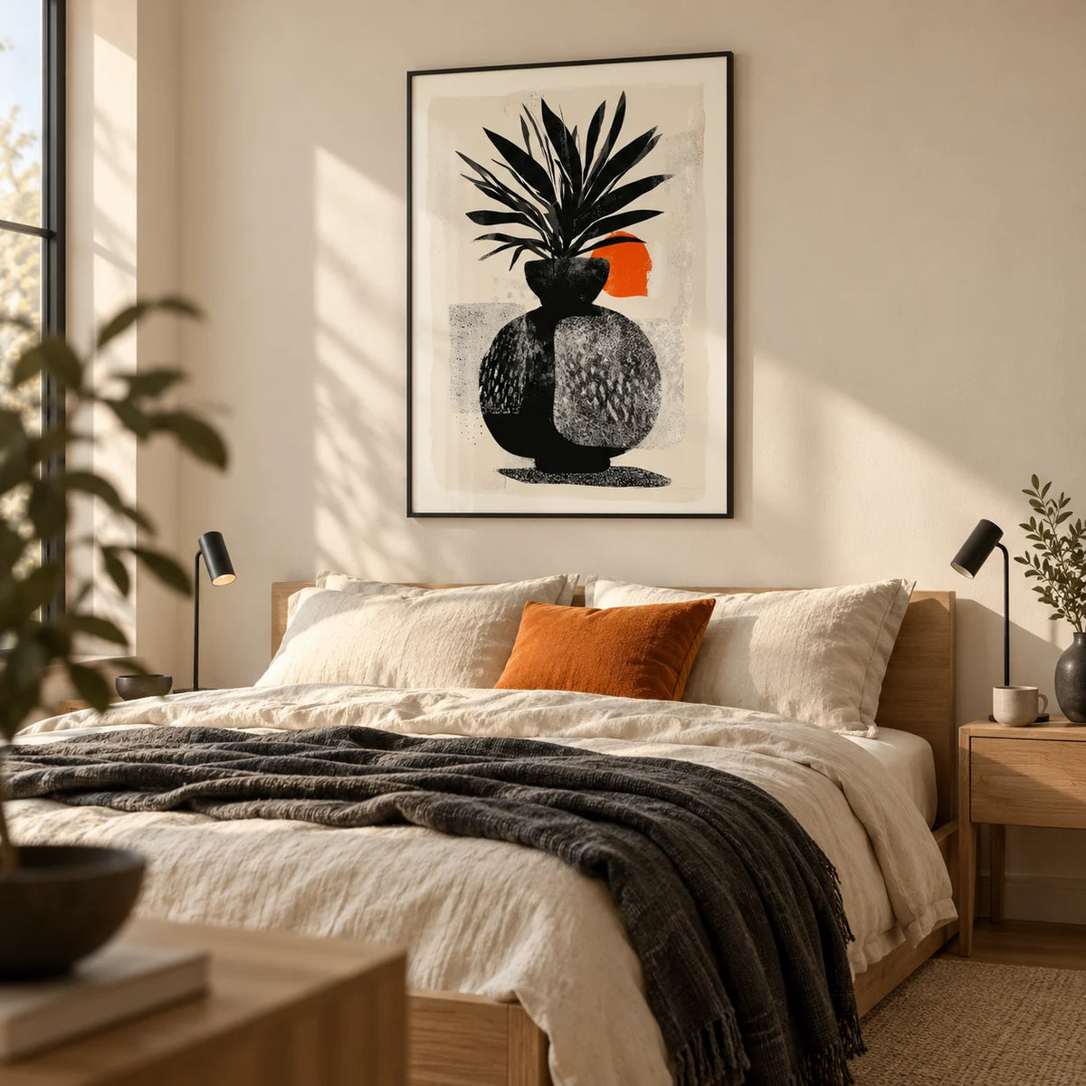 Modern Indian Sun Plant Wall Art, framed on the wall of a contemporary bedroom with a warm cream wall