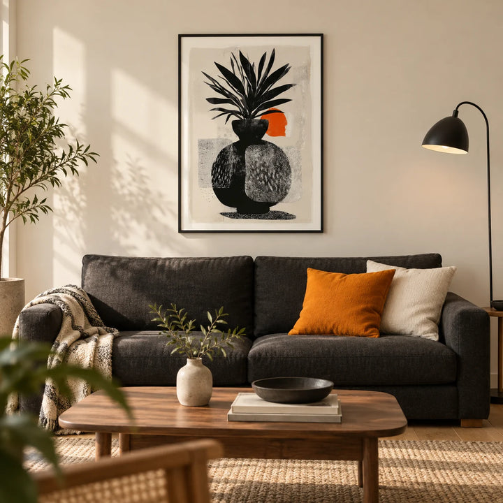Modern Indian Sun Plant Wall Art, framed on the wall of a contemporary living room in a design-led UK flat with a warm cream wall and oak floor