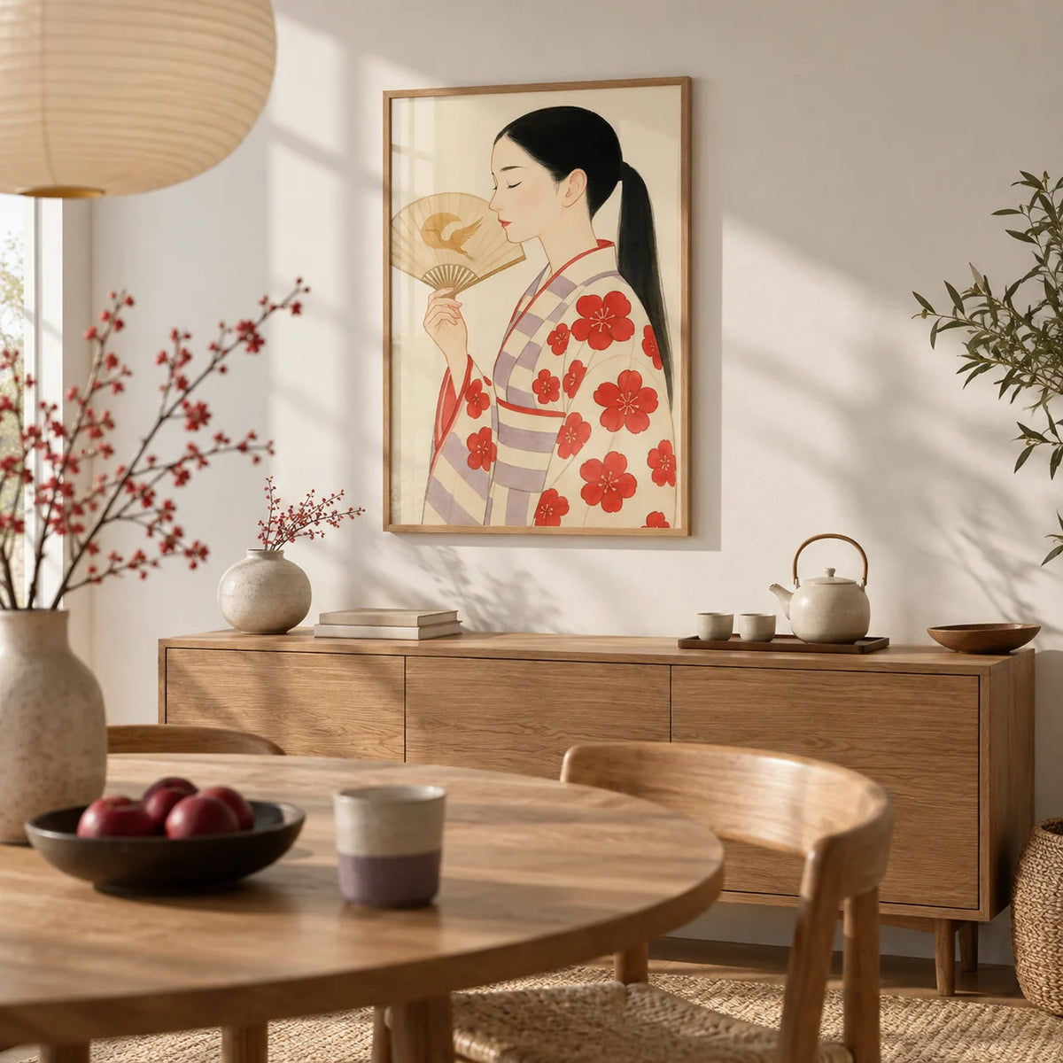 Modern Japanese Art, framed on the wall of a calm Japandi dining room with a white wall