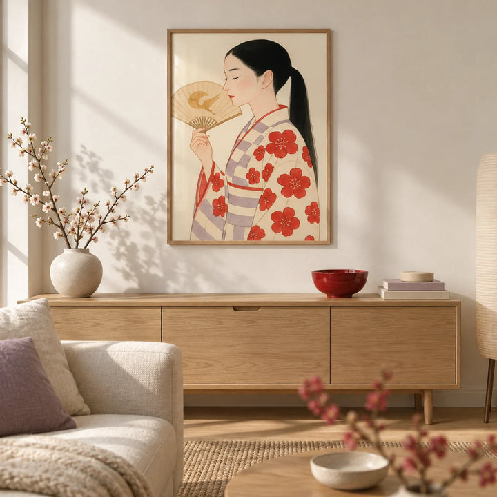 Modern Japanese Art, framed on the wall of a calm Japandi living room with a warm white wall
