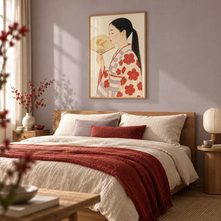 Modern Japanese Art, framed on the wall of an elegant calm bedroom with a soft lilac grey wall