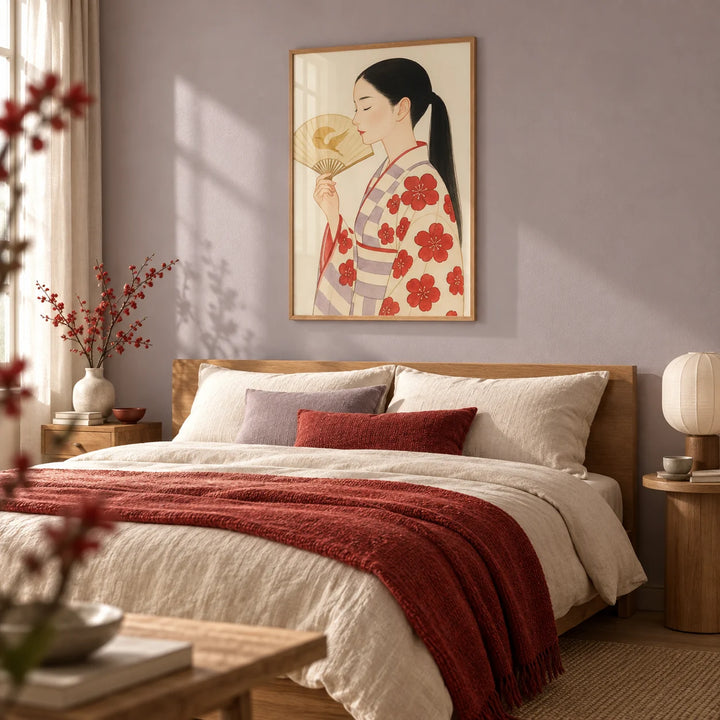 Modern Japanese Art, framed on the wall of an elegant calm bedroom with a soft lilac grey wall