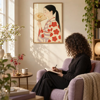 Modern Japanese Art, framed on the wall of a quiet reading nook with a warm cream wall in a living room