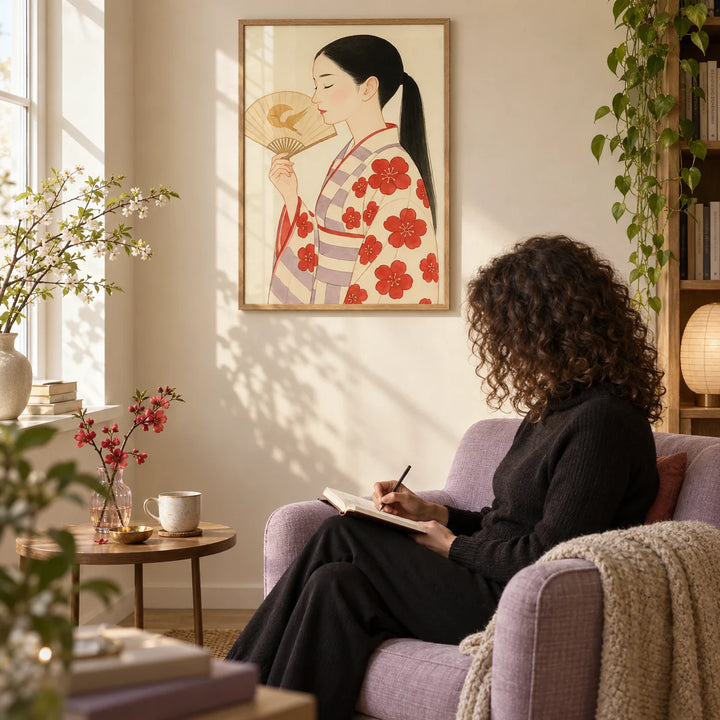 Modern Japanese Art, framed on the wall of a quiet reading nook with a warm cream wall in a living room