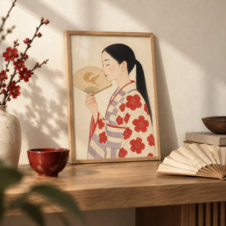 Modern Japanese Art, a small A4 framed print leaning on an oak shelf in a living room