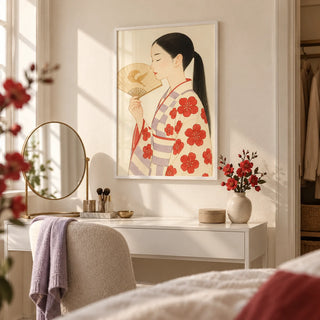 Modern Japanese Art, framed on the wall of a young adult's dressing area with a pale cream wall