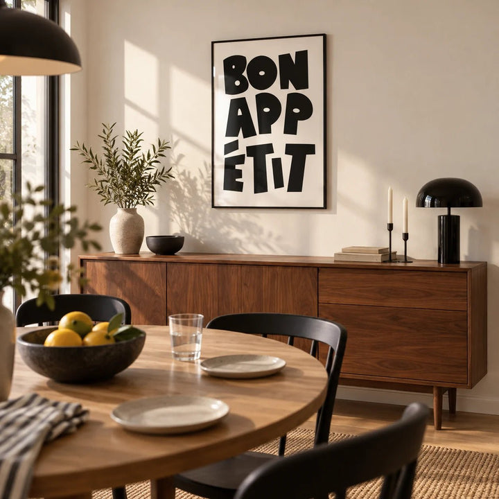 French Art Prints, framed on the wall of a modern dining room with a warm white wall